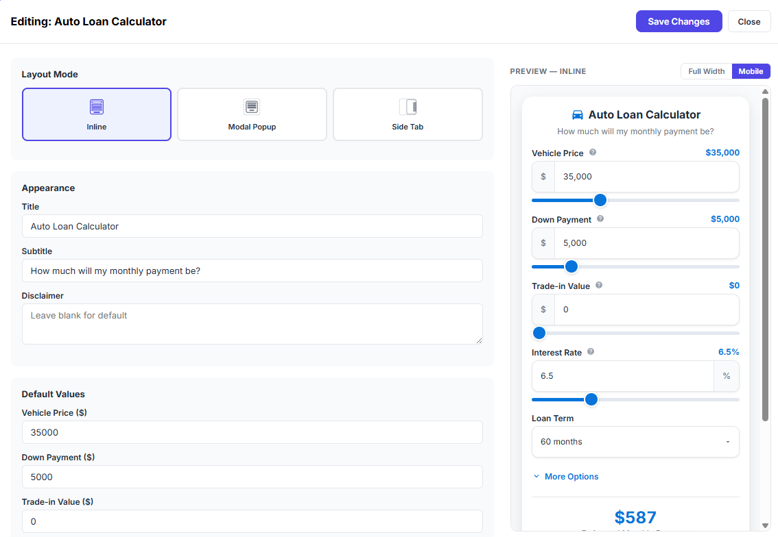 Calculator management dashboard showing edit controls and preview