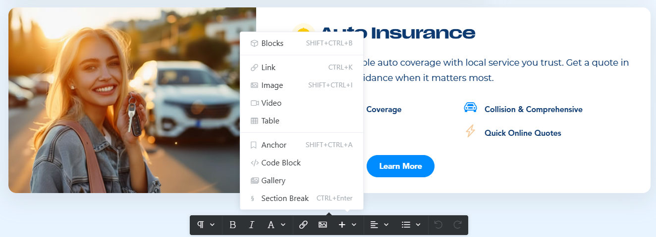 Avtec CMS toolbar for visual editing