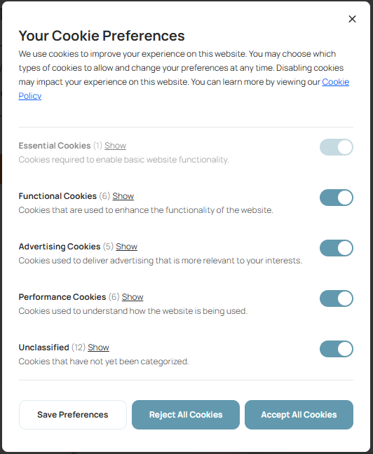 Cookie Consent Manager preferences modal with category controls for credit union websites