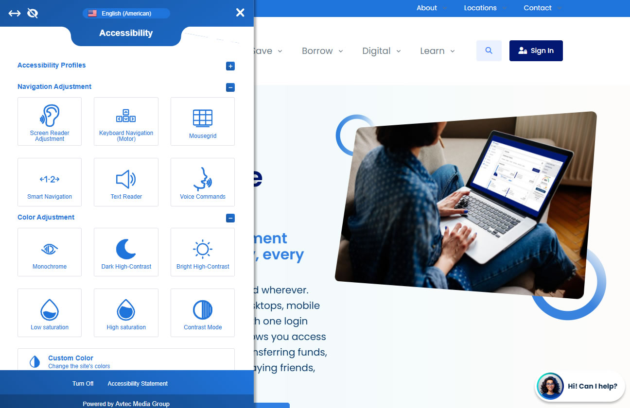 ADA compliance widget helping credit union members customize their accessibility experience