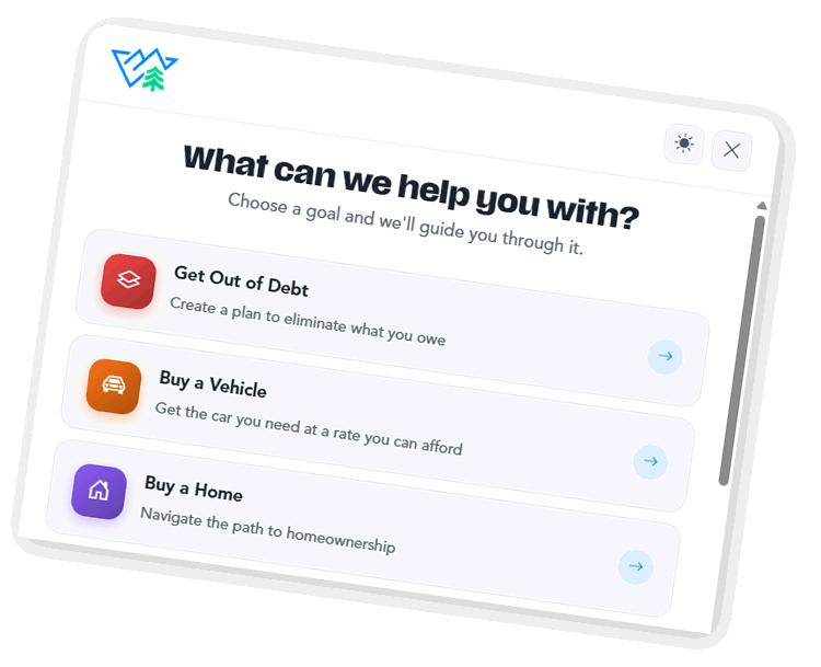 Product Advisor widget interface showing member guidance options for debt, vehicle, and home buying