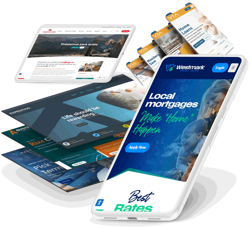 Credit union website portfolio collage showing desktop, mobile, and tablet screens from Avtec client work