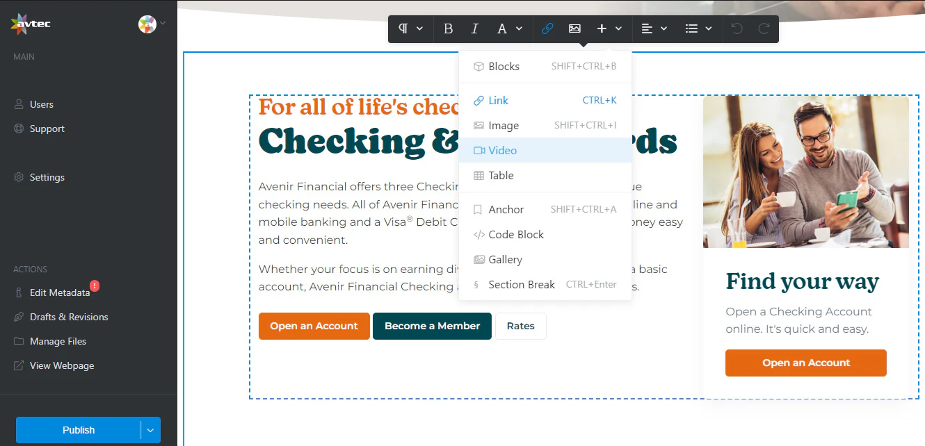 Avtec credit union CMS inline editing dashboard