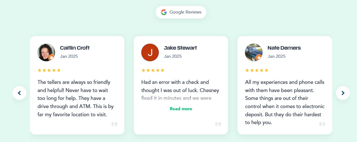 Credit union website displaying a Google Reviews carousel with three 5-star member testimonials, showing reviewer names, dates, and full review text in branded cards