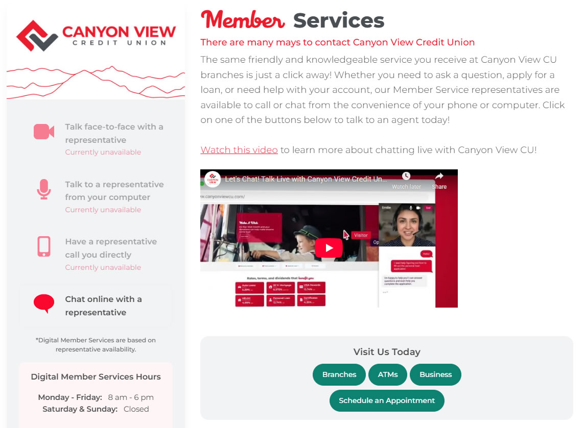 Canyon View Credit Union Glia digital member services with video chat and live chat