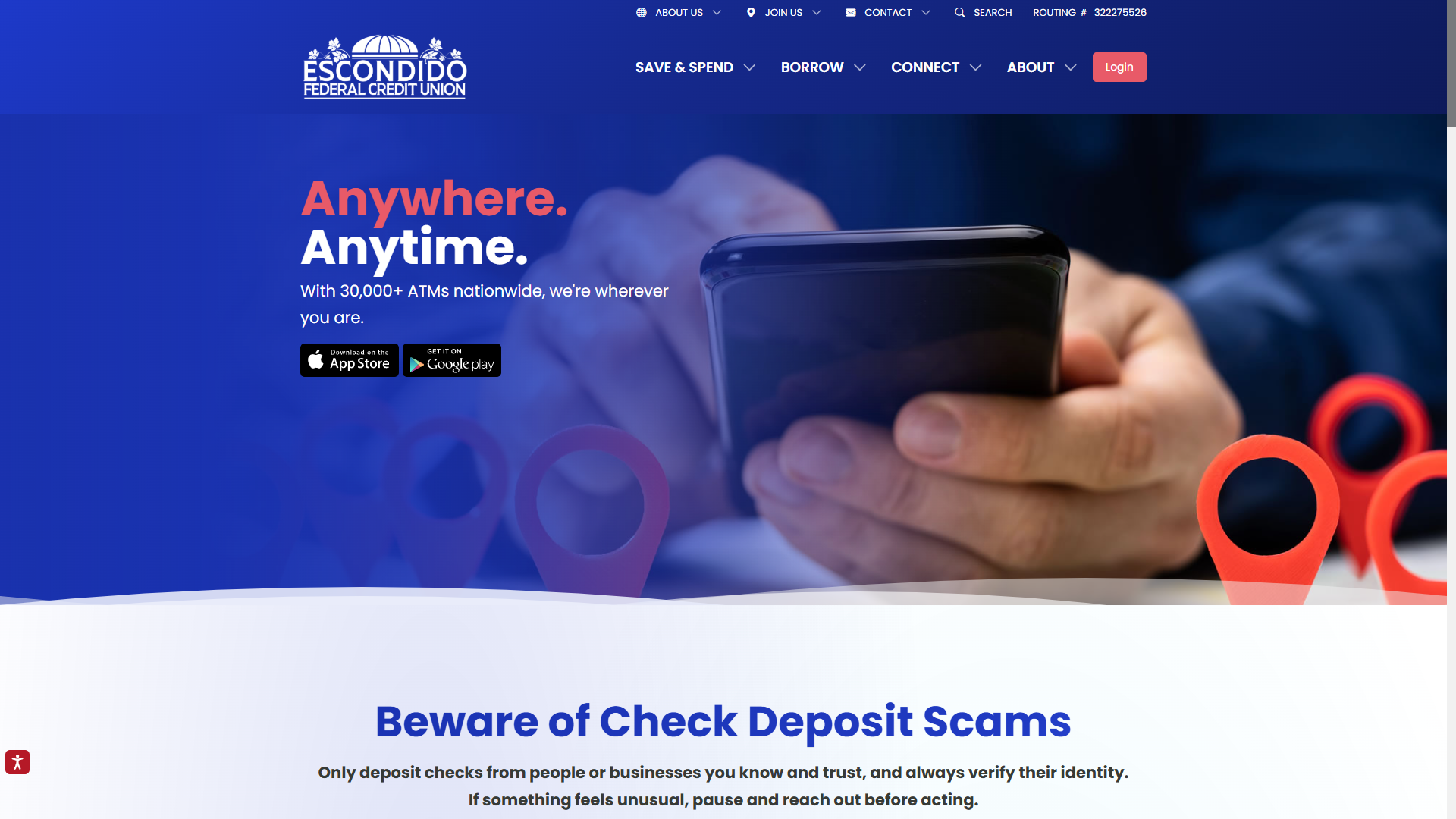 Escondido Federal Credit Union homepage with rate tables, digital banking login, and product navigation