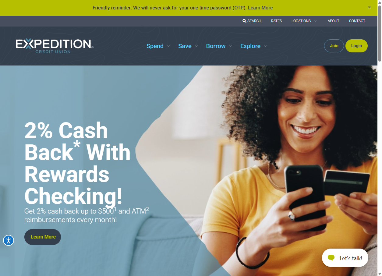 Expedition Credit Union homepage with Glia live chat integration