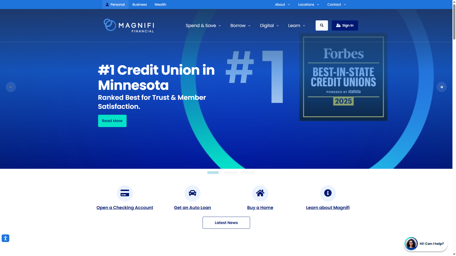 Magnifi Financial multi-audience homepage with Personal, Business, and Wealth navigation