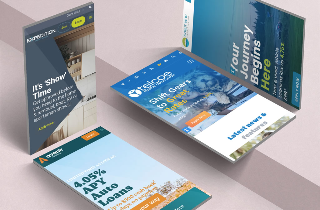 Design examples of four credit union websites on mobile screens