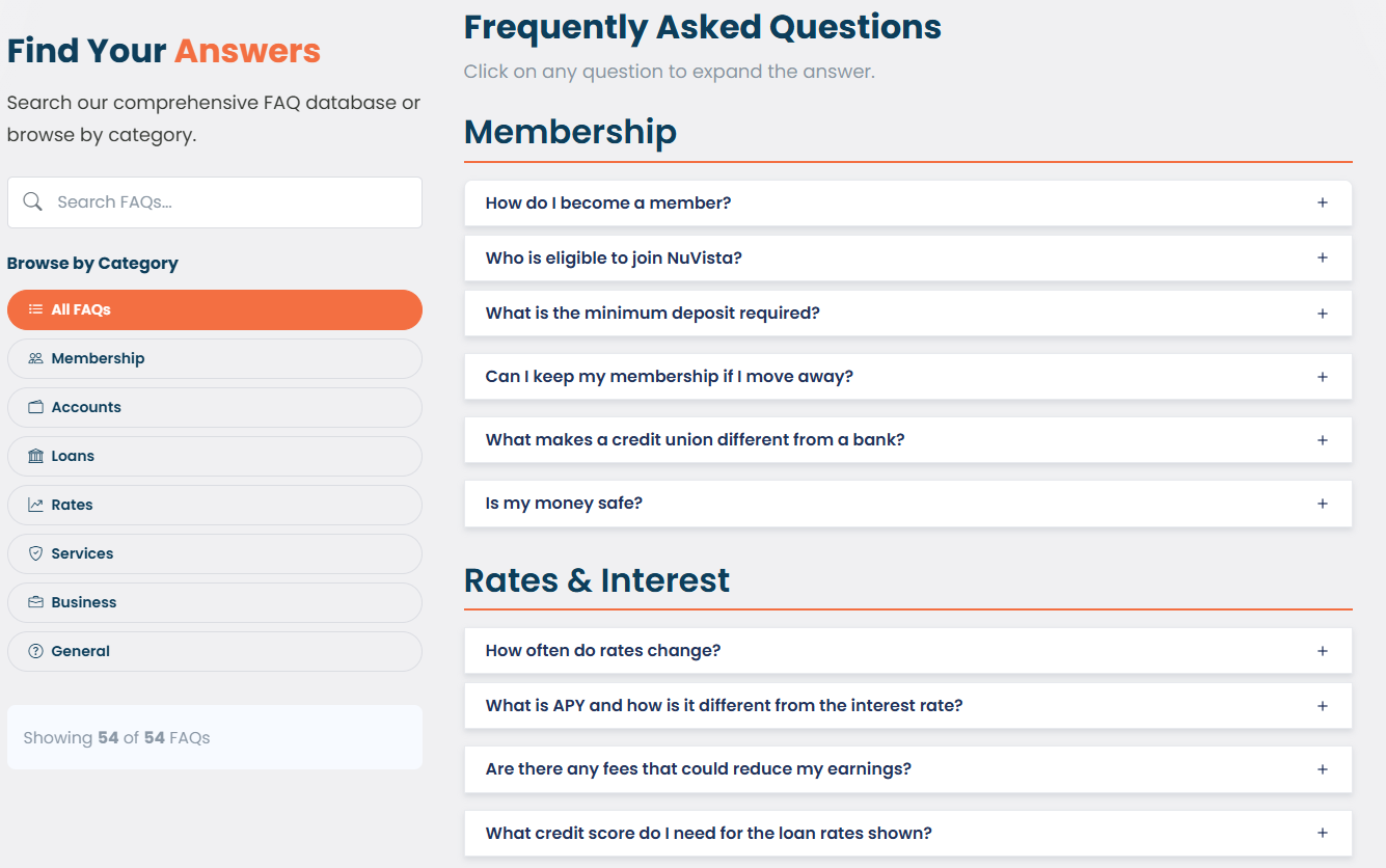 NuVista Federal Credit Union searchable FAQ module with category filtering