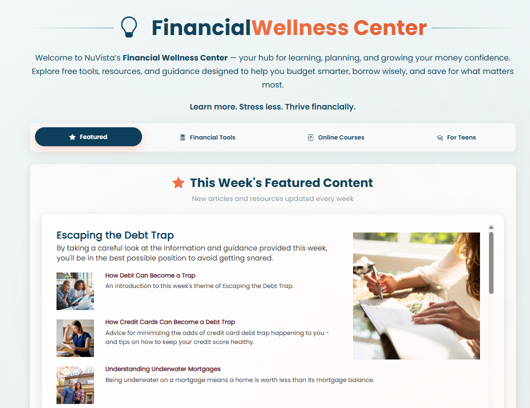 NuVista Federal Credit Union financial wellness center with MoneyEdu courses and education events