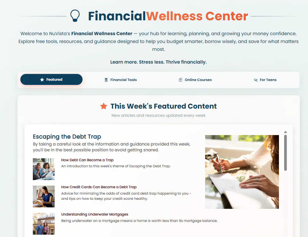 NuVista Federal Credit Union financial wellness center with MoneyEdu courses and education events
