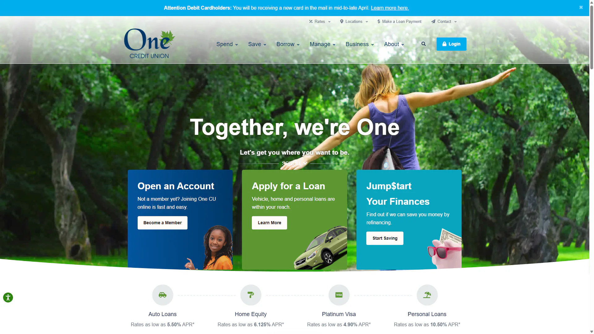 One Credit Union homepage with community-focused content and tabbed product navigation