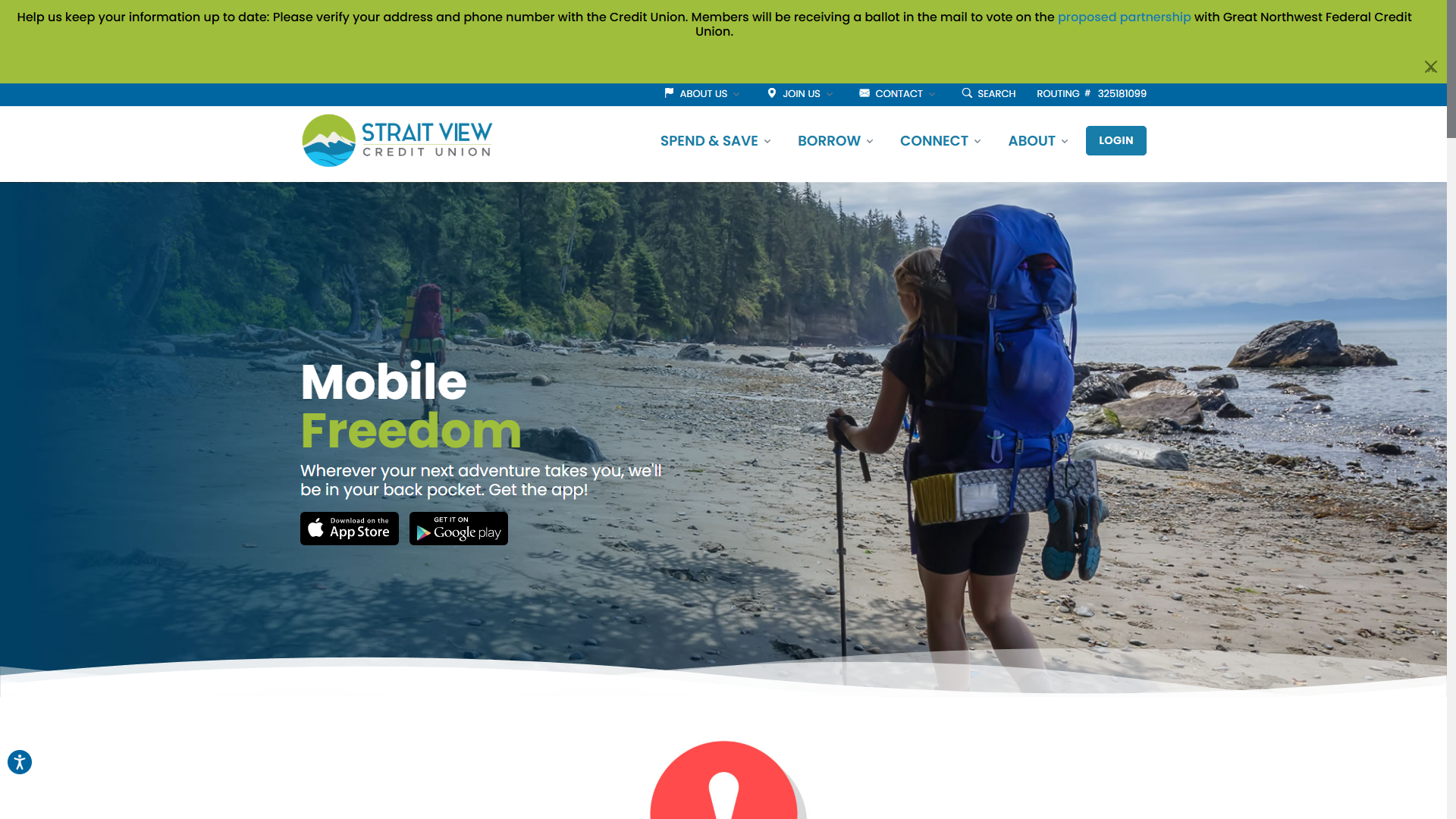 Strait View Credit Union homepage with online lending and membership application access