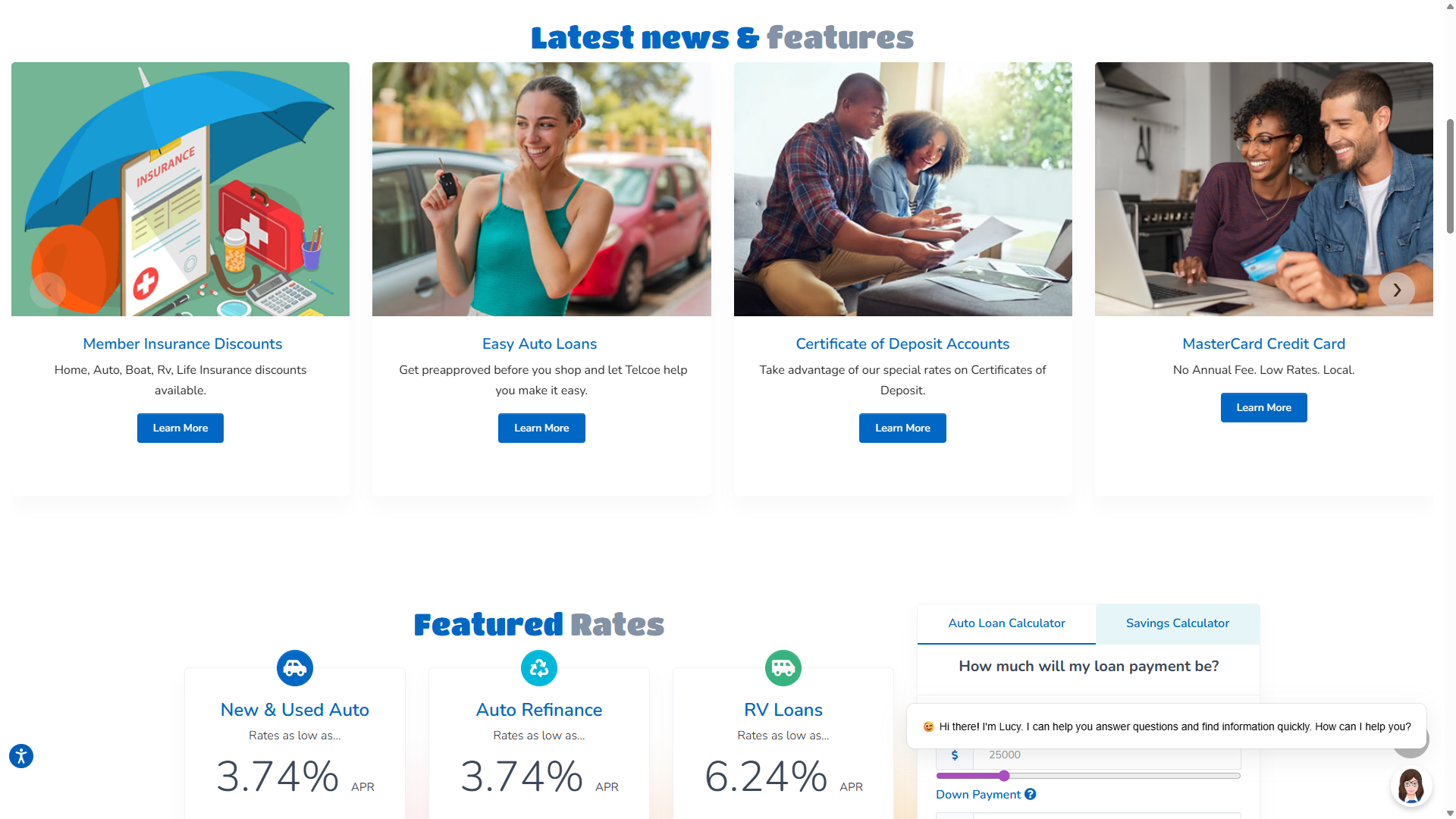 Telcoe Federal Credit Union embedded financial calculators and member tools
