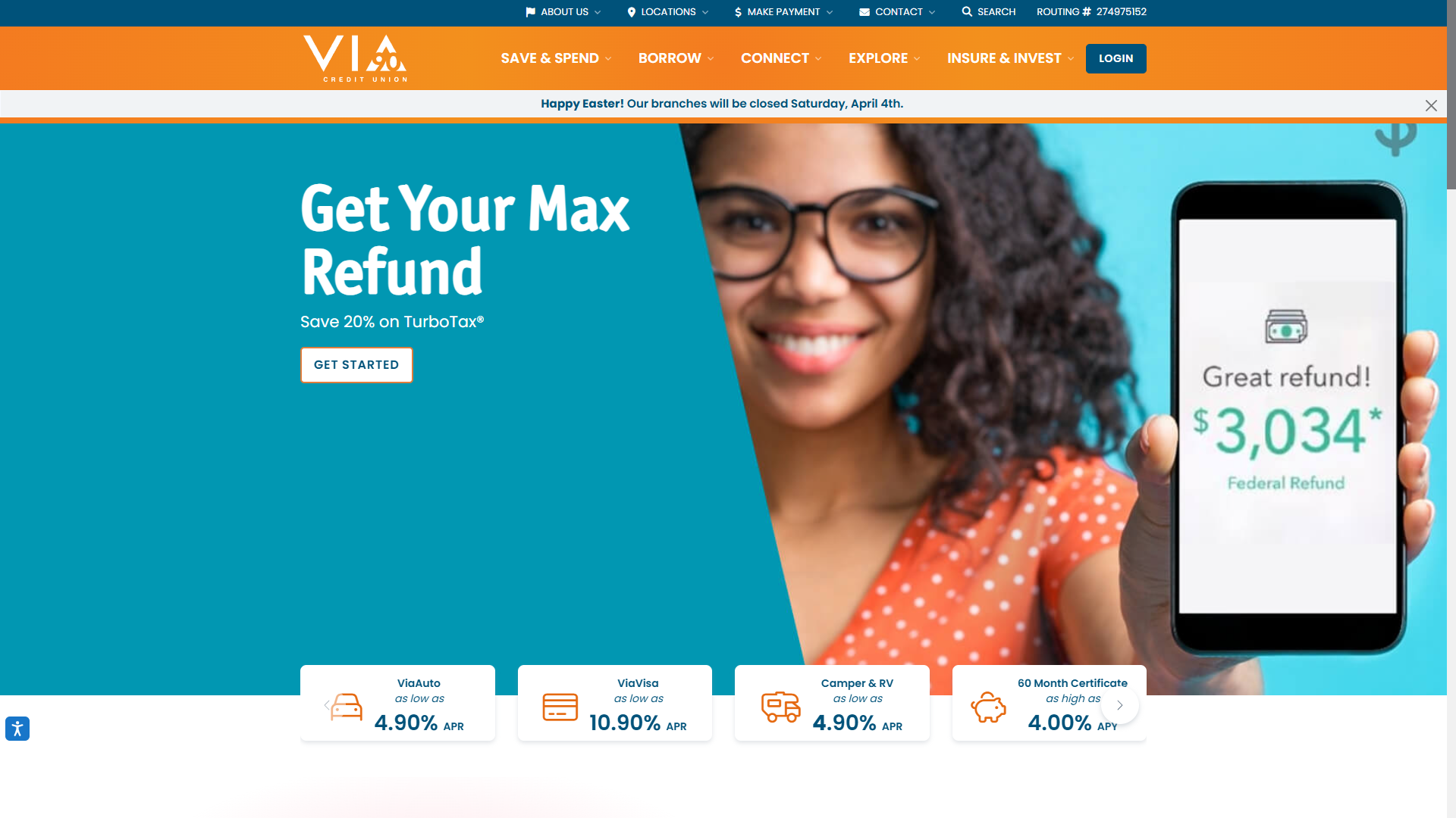 Via Credit Union homepage with Spend Save Borrow product explorer and branded rate cards