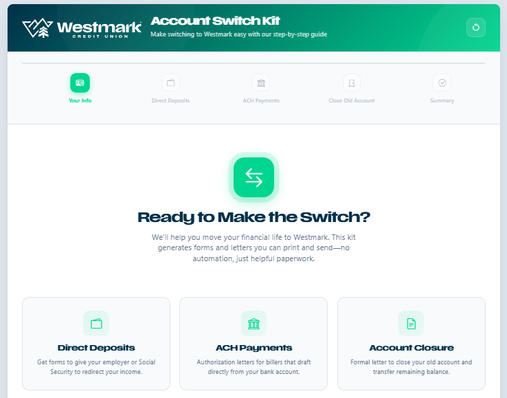 Westmark Account Switch Kit interactive wizard